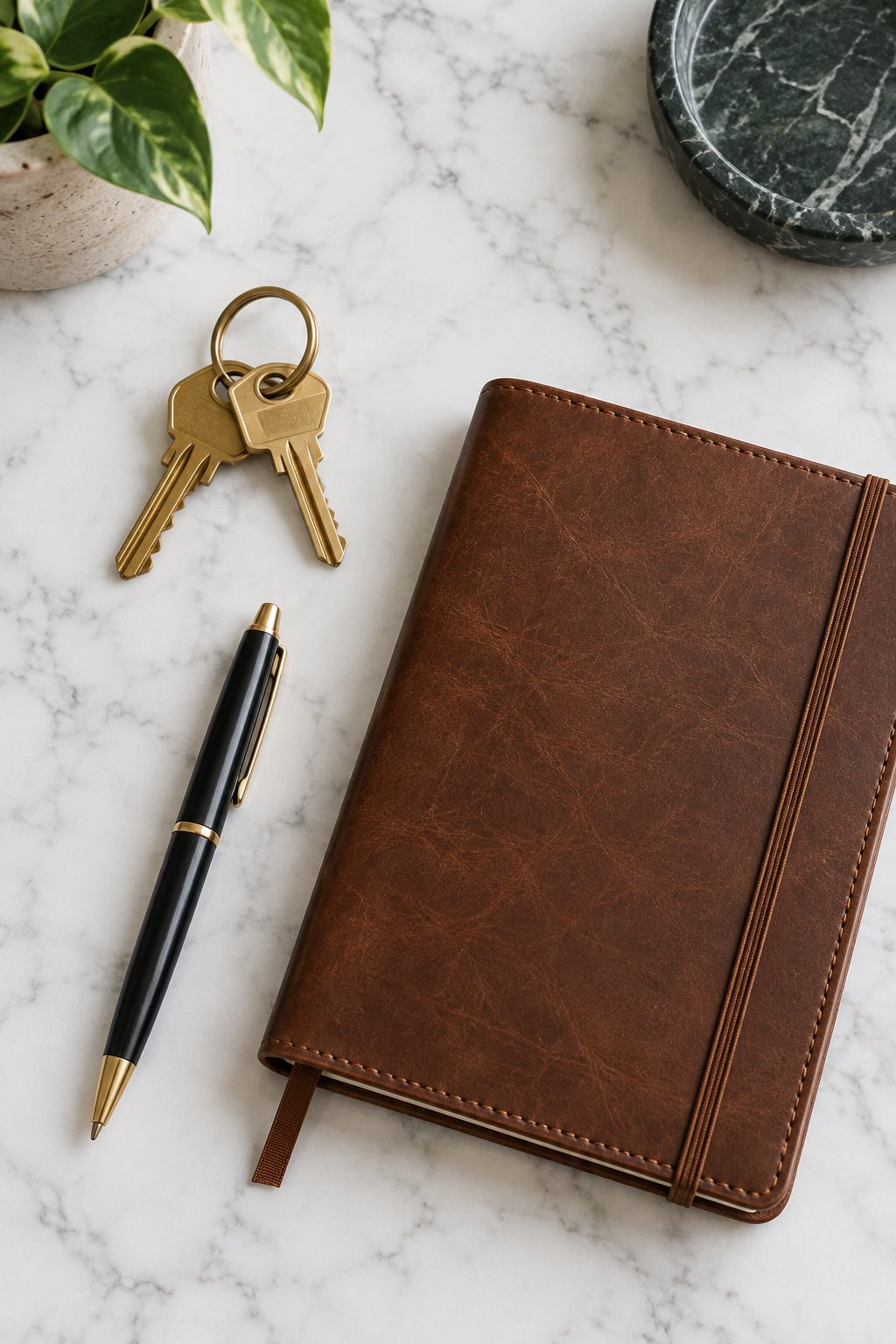 Illustrative desk flat-lay with house keys and a notebook