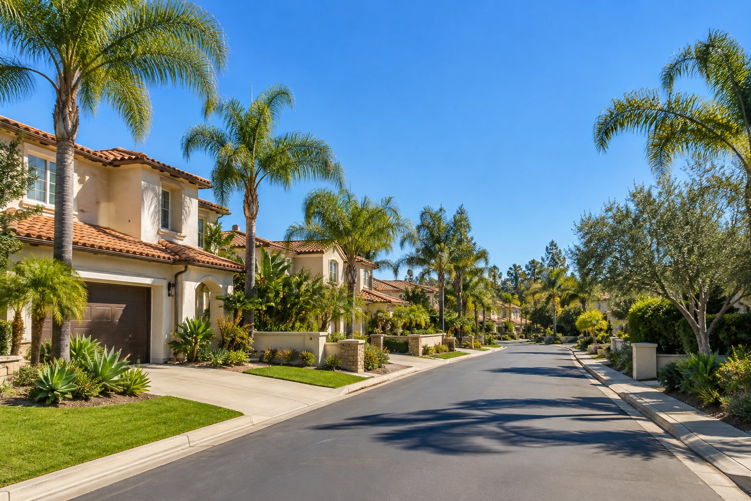 A quiet San Diego residential street with palms and stucco homes, illustrative