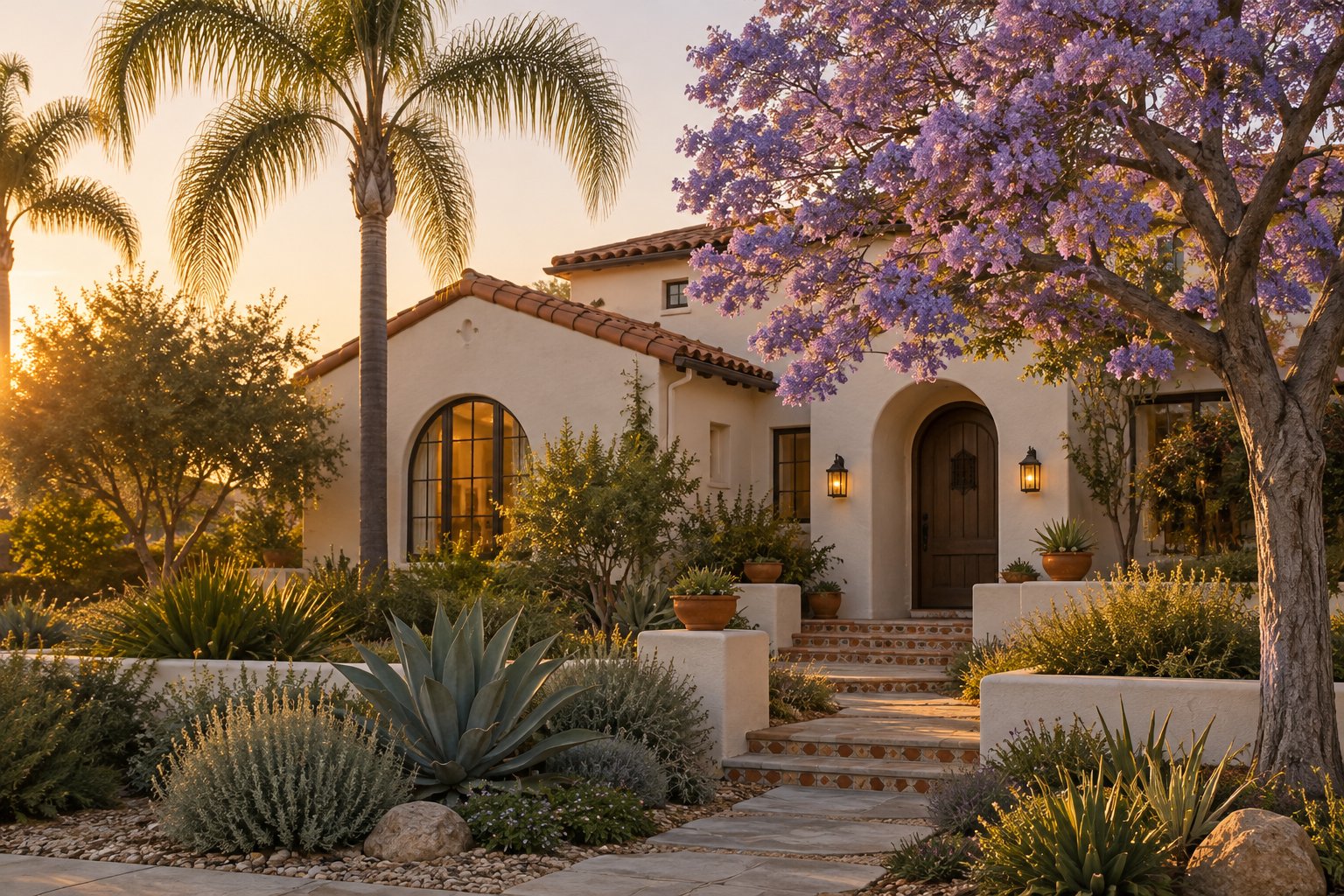 A Southern California stucco home with a tile roof and a jacaranda tree at golden hour, illustrative
