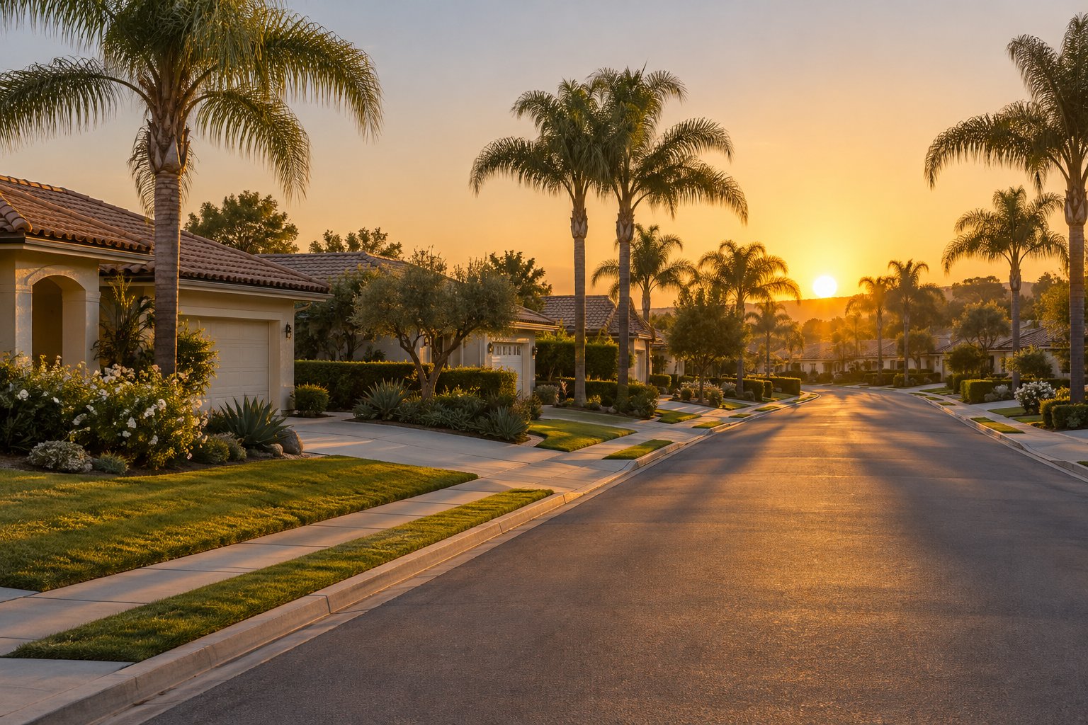 A tree lined San Diego street at golden hour, illustrative