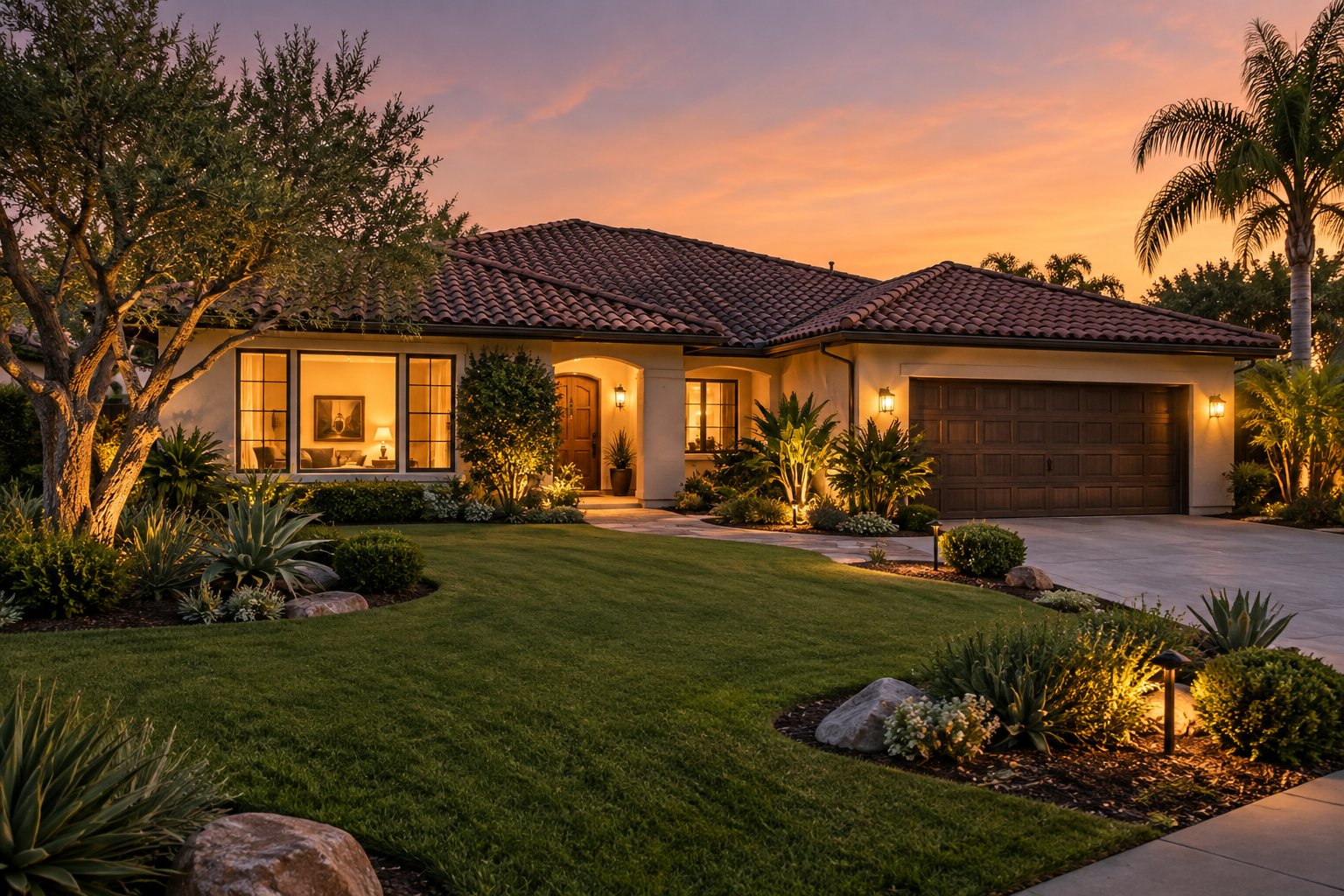 A San Diego area home at dusk, illustrative