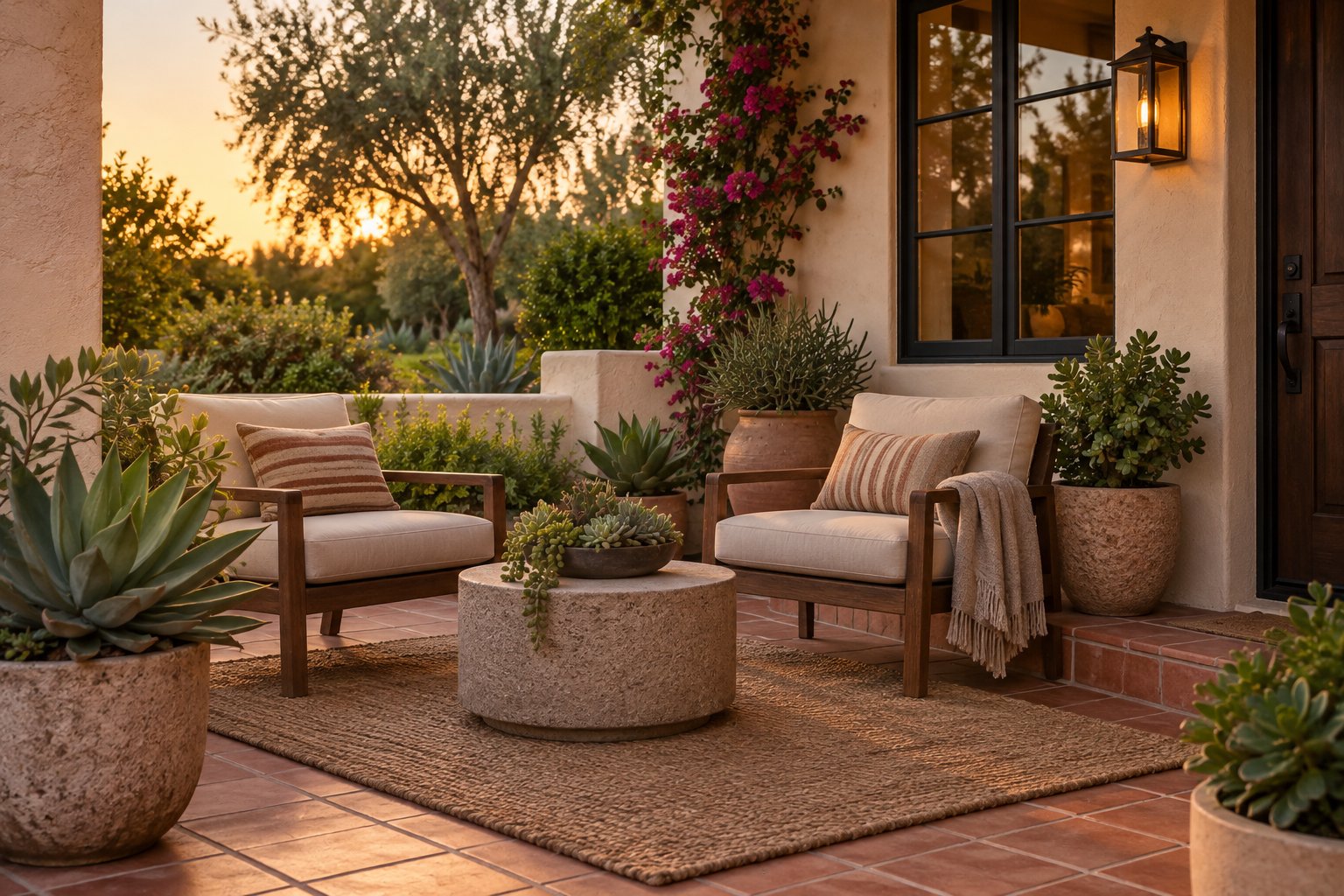A cozy front patio of a Southern California home, illustrative